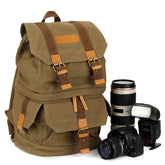 Vintage Waxed Canvas Camera Backpack — Professional Waterproof SLR Photography Bag — Scratch-Resistant Padded Laptop Case with Crazy Horse Leather Accents